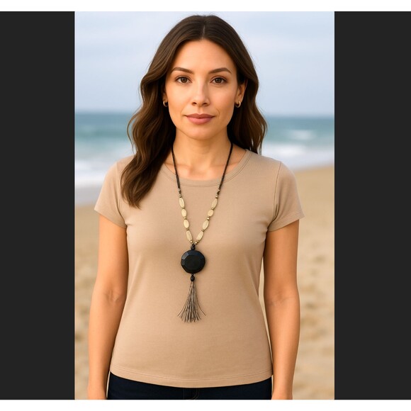 J. Jill Stone Necklace Faceted Agate Pendant Tassel Long Multi Beaded Adjustable - Picture 1 of 14